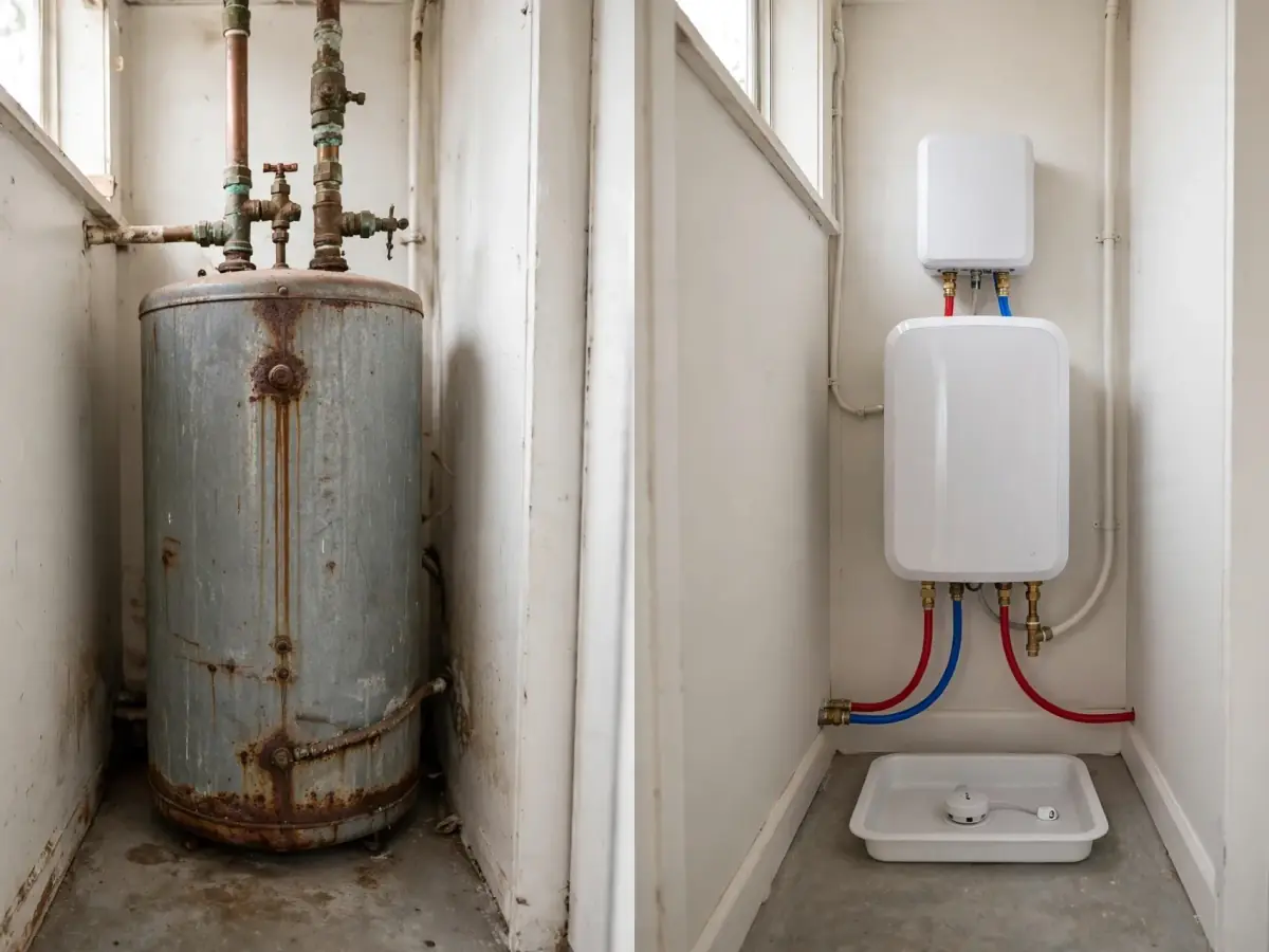 Before and after: a rusted condo closet heater replaced by a compact heater in a drain pan