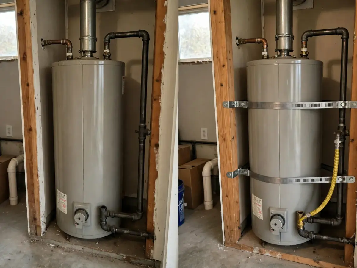 Before and after: an unstrapped water heater given two seismic straps and a flexible gas line