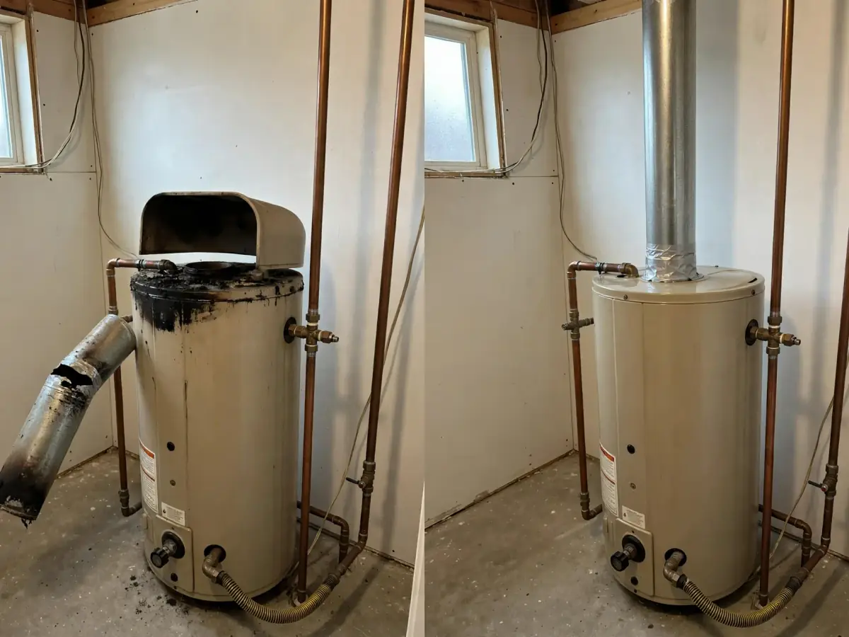 Before and after: a sooty disconnected water heater vent replaced by a sealed new vent