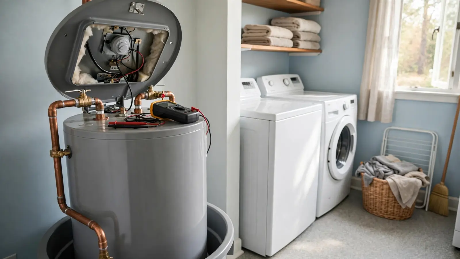 Electric water heater in a laundry room with its upper access panel open and a multimeter on top