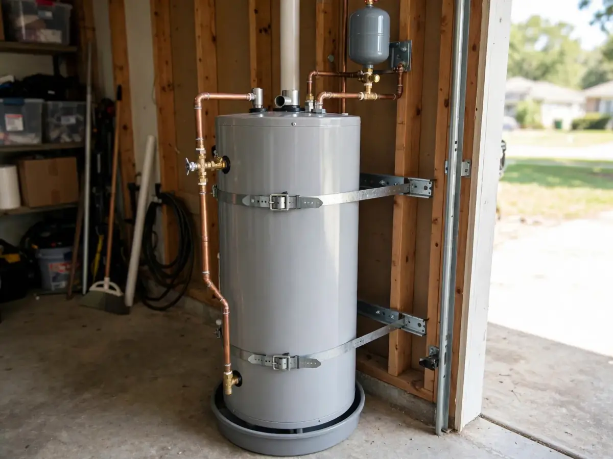 New strapped tank water heater with an expansion tank and drain pan in a garage