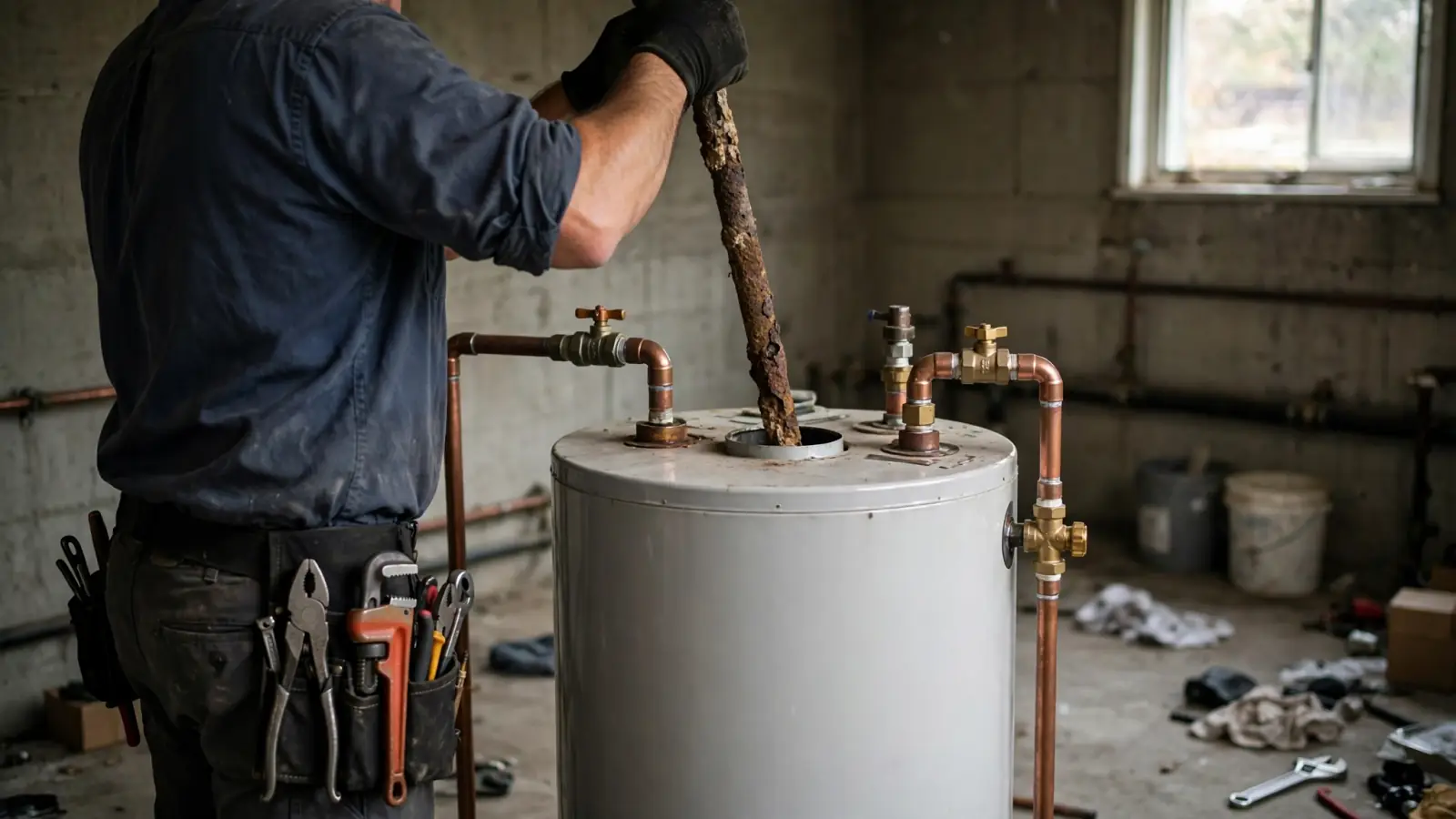 Plumber lifting a corroded anode rod out of the top of a water heater