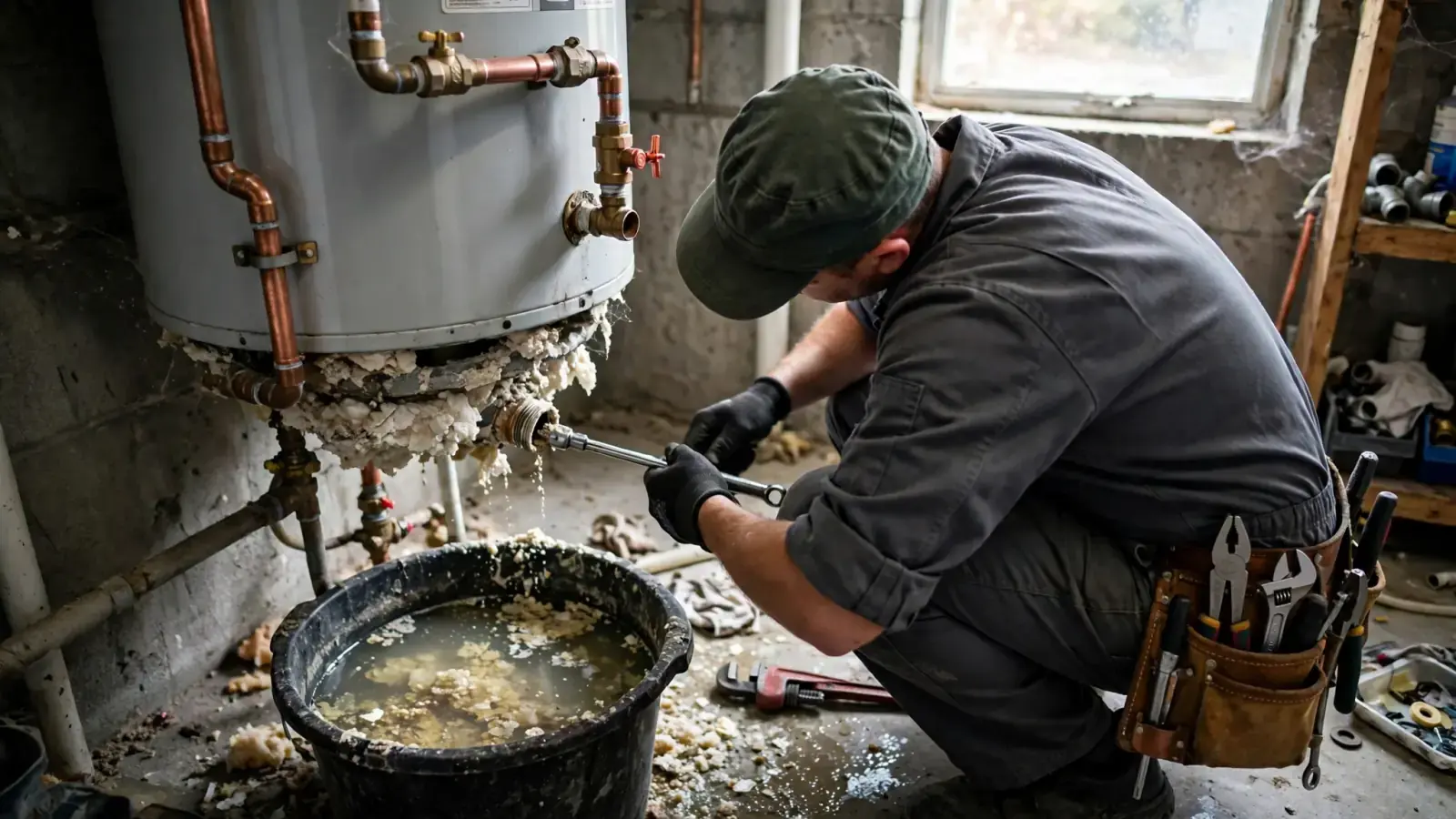 Technician working at the base of a water heater beside a bucket of flushed sediment