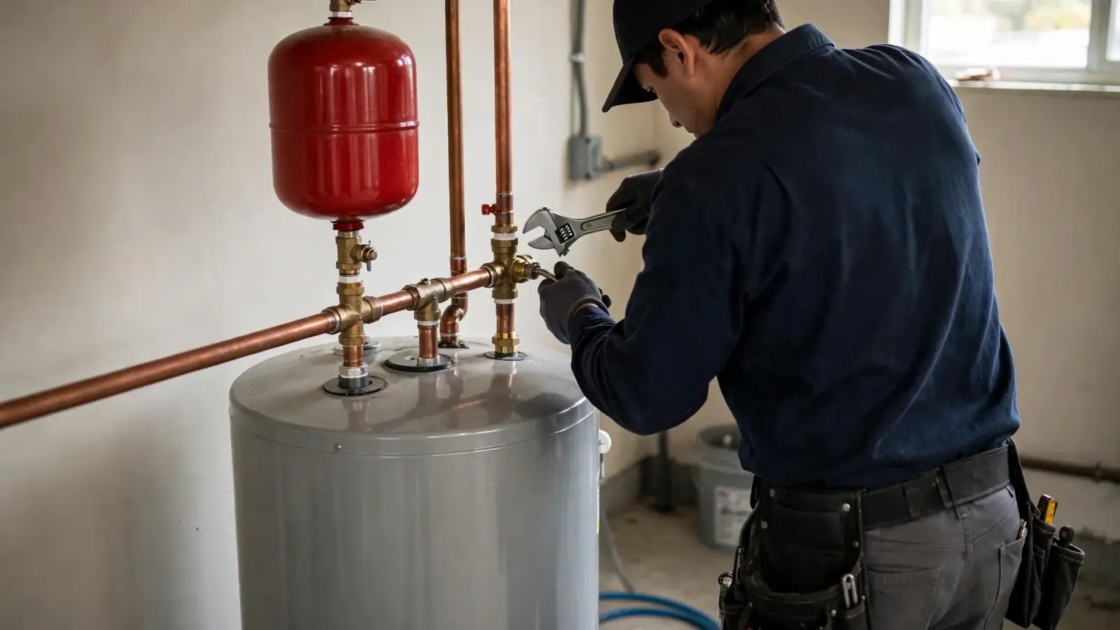 Plumber tightening a thermal expansion tank on the cold line above a water heater