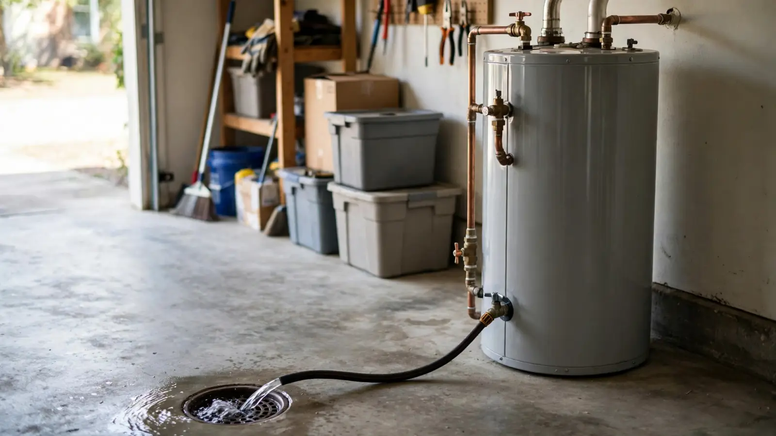 Water heater being drained through a garden hose into a garage floor drain