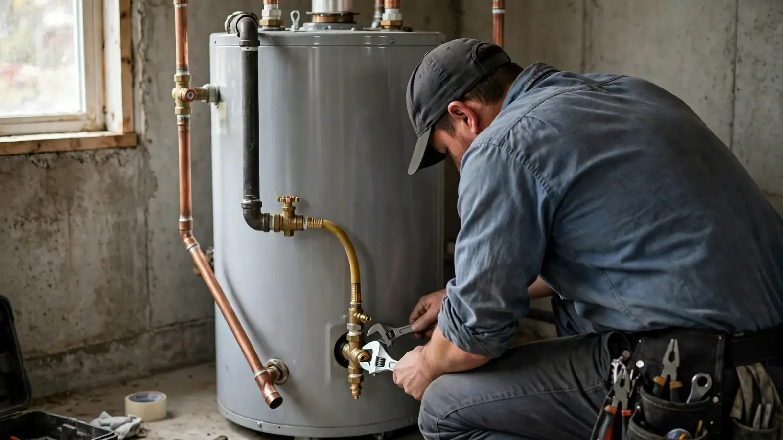 Technician fitting a new gas control valve onto the front of a gas tank water heater