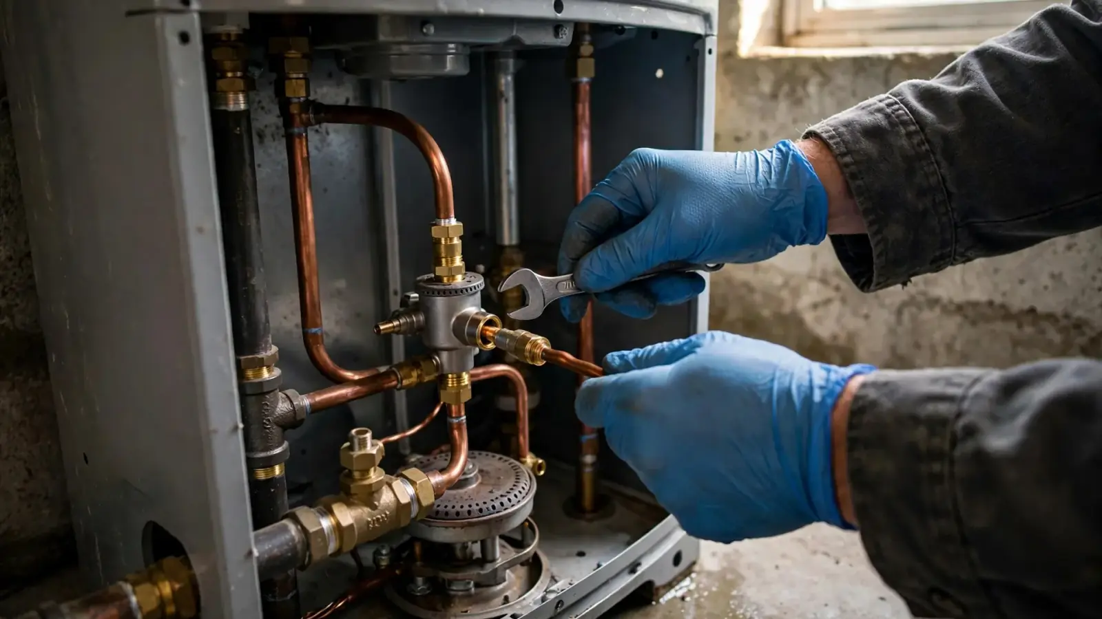 Gloved hands installing a new thermocouple into the pilot assembly of a gas water heater