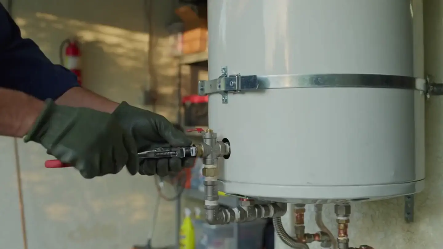 Gloved hands tightening a fitting on a strapped white water heater in a sunny garage